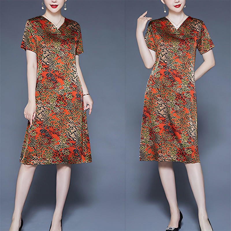 Buddha Stones V-Neck Tree Leaves Short Sleeve Midi Dress With Pockets