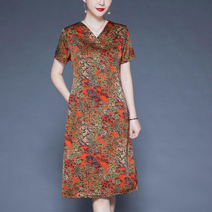 Buddha Stones V-Neck Tree Leaves Short Sleeve Midi Dress With Pockets