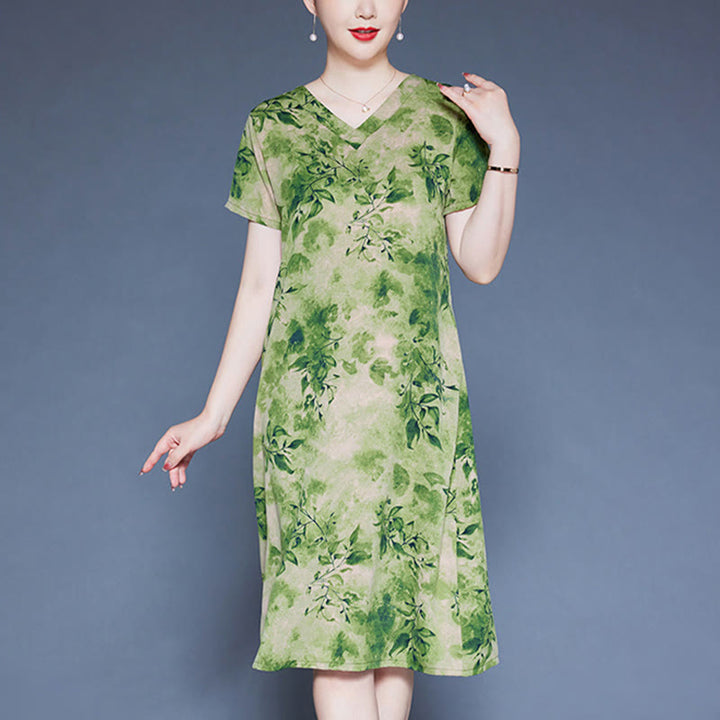 Buddha Stones V-Neck Green Leaves Flowers Pattern Short Sleeve Midi Dress With Pockets