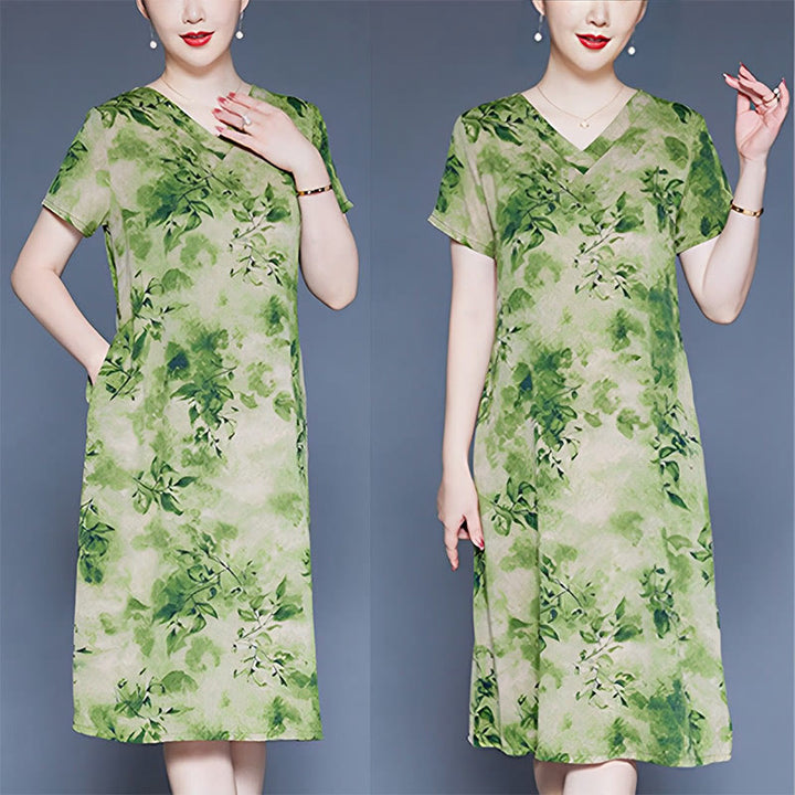 Buddha Stones V-Neck Green Leaves Flowers Pattern Short Sleeve Midi Dress With Pockets