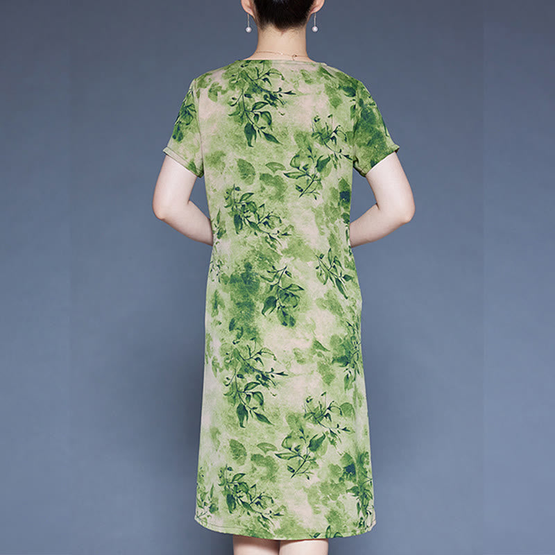 Buddha Stones V-Neck Green Leaves Flowers Pattern Short Sleeve Midi Dress With Pockets