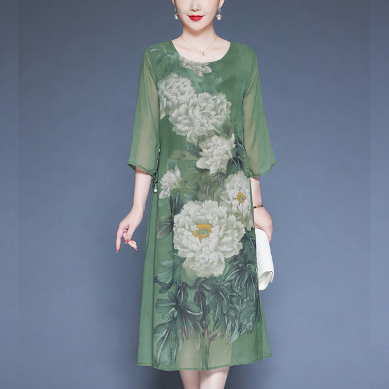 Buddha Stones Peony Flowers Print Three Quarter Sleeve Midi Dress