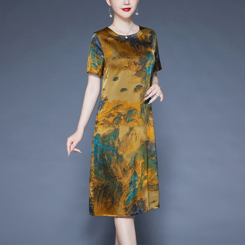 Buddha Stones Mountains Trees Pattern Short Sleeve Midi Dress With Pockets