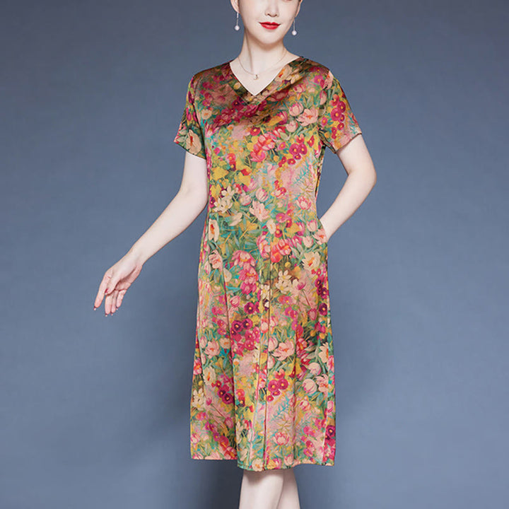 Buddha Stones V-Neck Green Red Peony Colorful Flowers Short Sleeve Midi Dress With Pockets