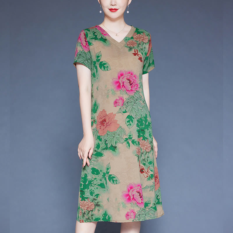 Buddha Stones V-Neck Green Red Peony Colorful Flowers Short Sleeve Midi Dress With Pockets