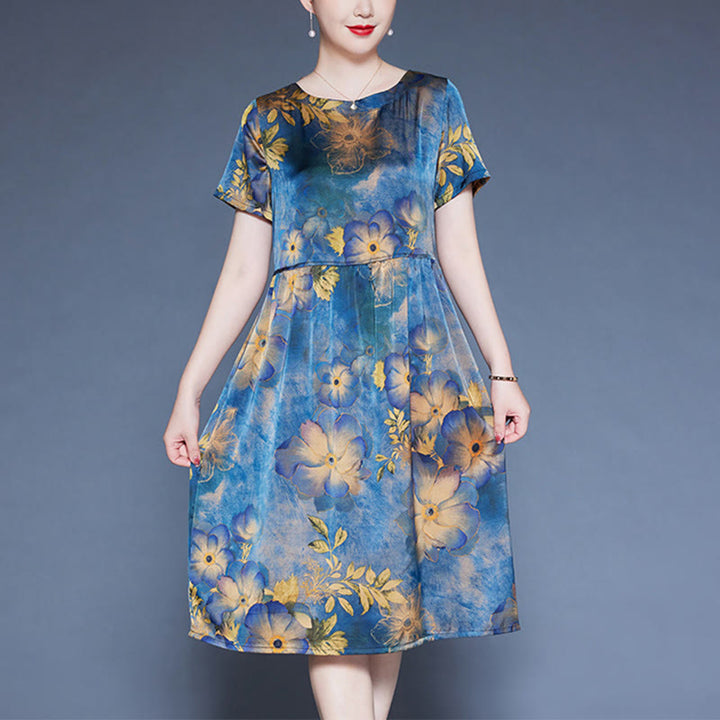 Buddha Stones Flowers Leaves Short Sleeve Midi Dress With Pockets