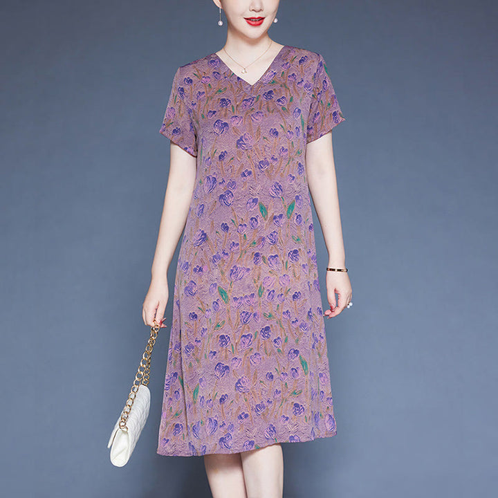 Buddha Stones V-Neck Tulip Flowers Short Sleeve Midi Dress With Pockets