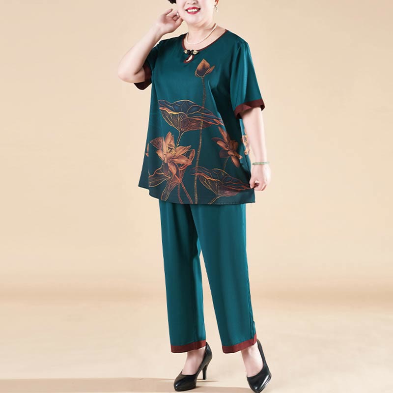 Buddha Stones Plus Size 2Pcs Lotus Flower Leaf Loose Tee T-shirt Wide Leg Pants Set