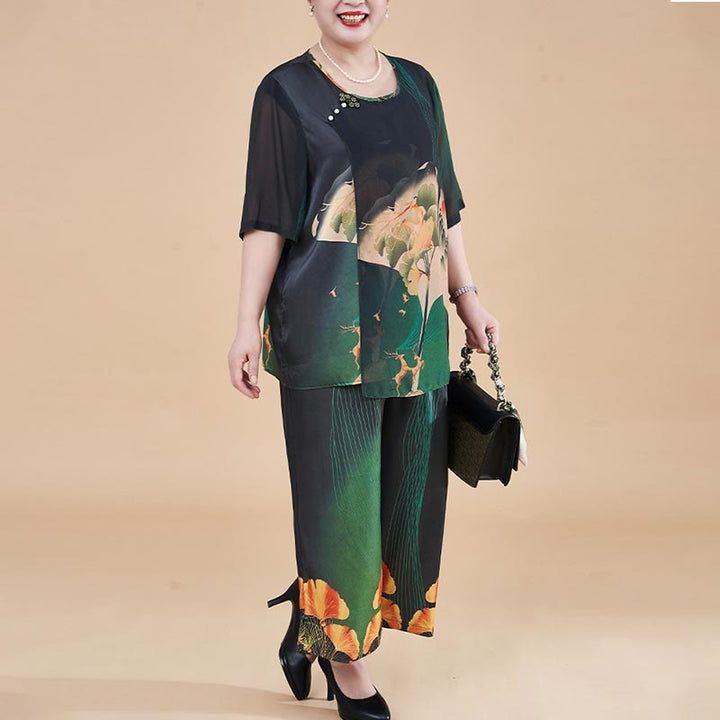 Buddha Stones Plus Size 2Pcs Yellow Green Ginkgo Leaves Loose Tee T-shirt Wide Leg Pants Set