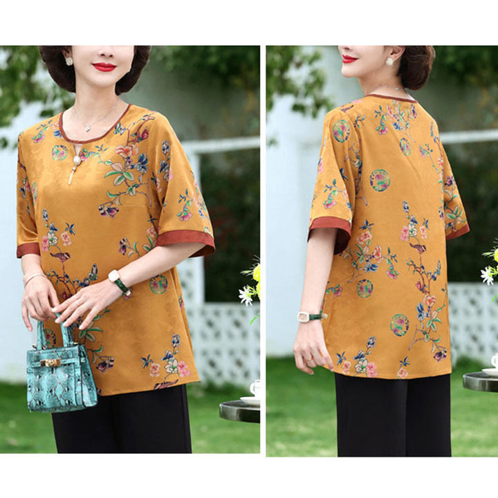 Buddha Stones Plus Size 2Pcs Pink Flowers Leaves Pattern Loose Tee T-shirt Wide Leg Pants Set