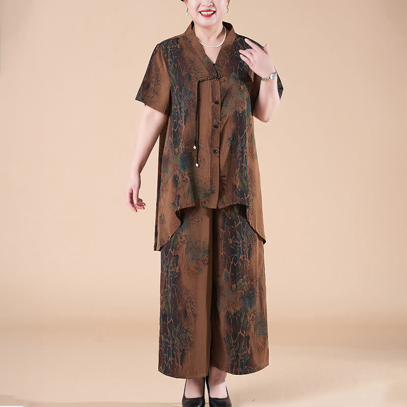 Buddha Stones Plus Size 2Pcs Retro Leaves Loose Short Sleeve Button Shirt Wide Leg Pants Set