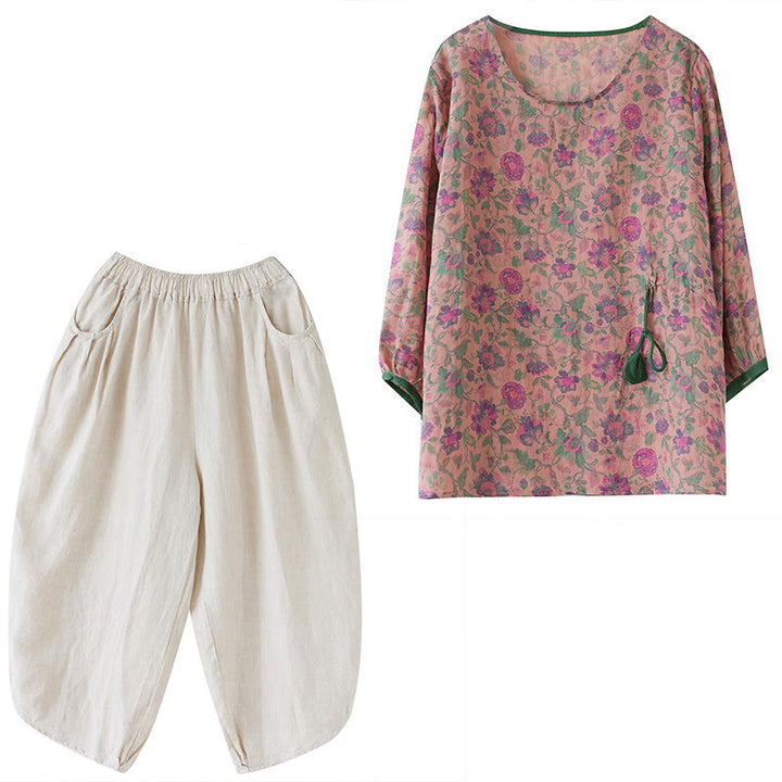 Buddha Stones 2Pcs Small Flower Tee T-shirt Cotton Linen Harem Pants Set