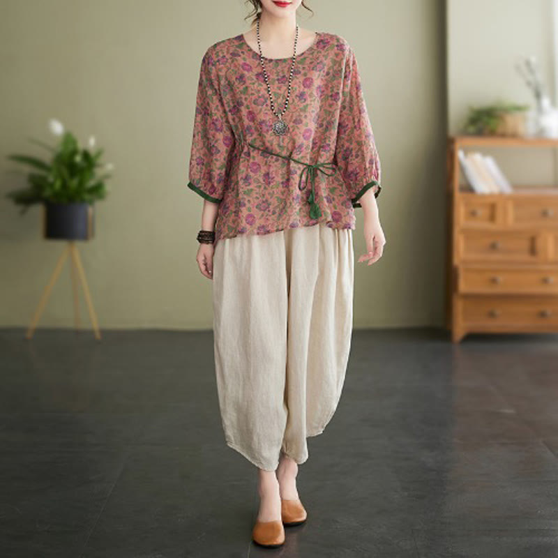 Buddha Stones 2Pcs Small Flower Tee T-shirt Cotton Linen Harem Pants Set