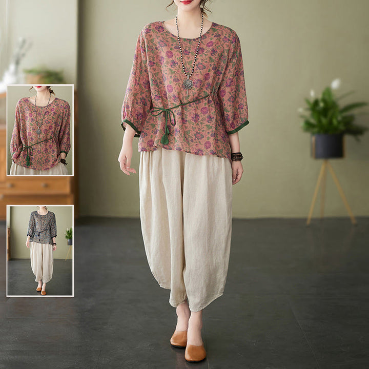 Buddha Stones 2Pcs Small Flower Tee T-shirt Cotton Linen Harem Pants Set