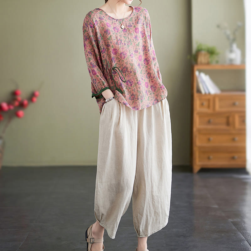 Buddha Stones 2Pcs Small Flower Tee T-shirt Cotton Linen Harem Pants Set