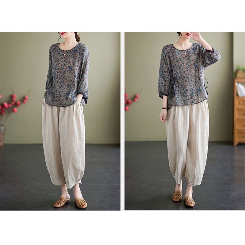 Buddha Stones 2Pcs Small Flower Tee T-shirt Cotton Linen Harem Pants Set