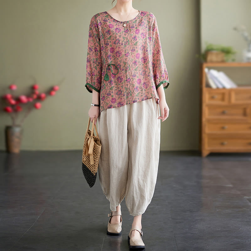 Buddha Stones 2Pcs Small Flower Tee T-shirt Cotton Linen Harem Pants Set