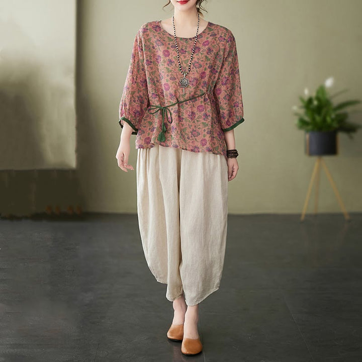 Buddha Stones 2Pcs Small Flower Tee T-shirt Cotton Linen Harem Pants Set