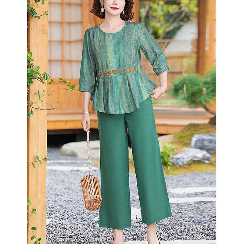 Buddha Stones 2Pcs Casual Half Sleeve Tee T-shirt Wide Leg Pants Set