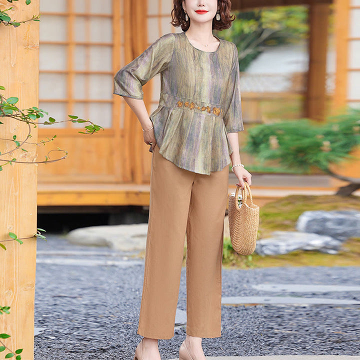 Buddha Stones 2Pcs Casual Half Sleeve Tee T-shirt Wide Leg Pants Set