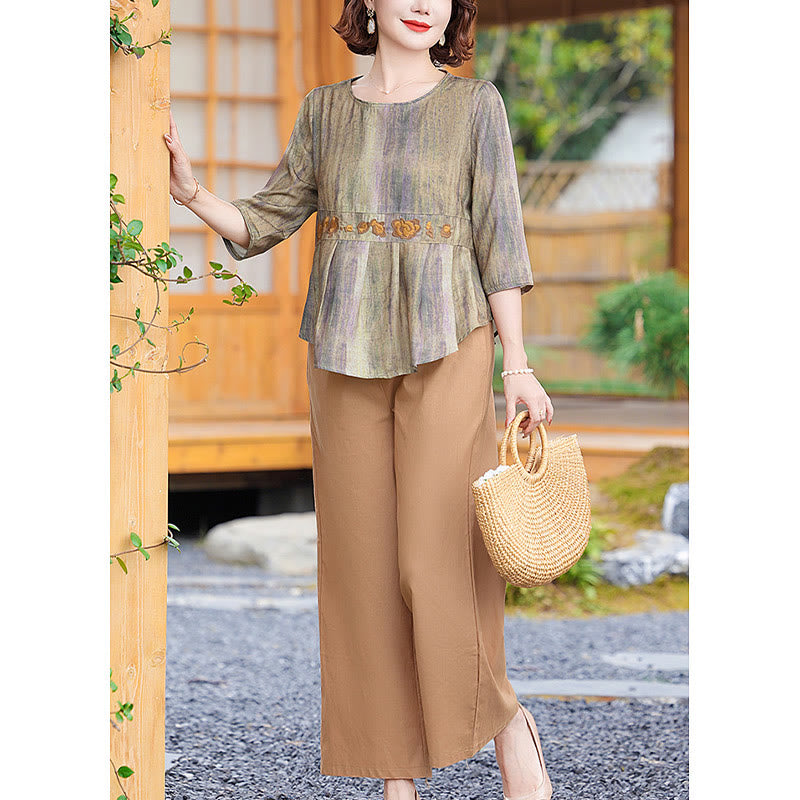 Buddha Stones 2Pcs Casual Half Sleeve Tee T-shirt Wide Leg Pants Set