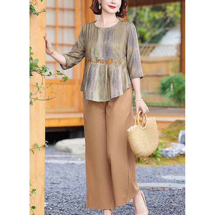 Buddha Stones 2Pcs Casual Half Sleeve Tee T-shirt Wide Leg Pants Set