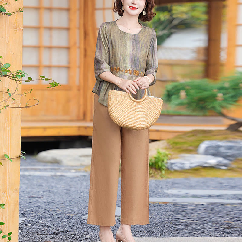 Buddha Stones 2Pcs Casual Half Sleeve Tee T-shirt Wide Leg Pants Set