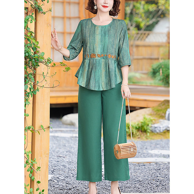 Buddha Stones 2Pcs Casual Half Sleeve Tee T-shirt Wide Leg Pants Set