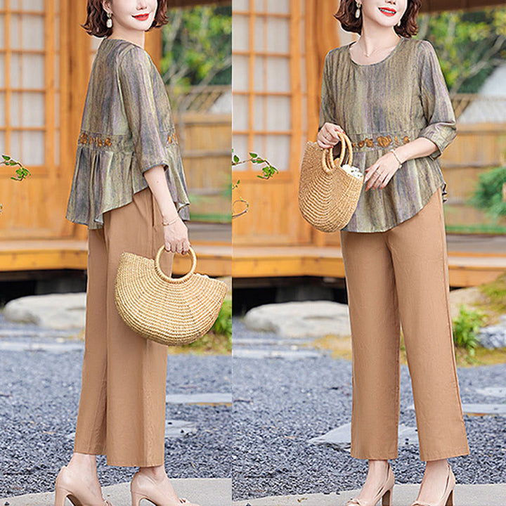 Buddha Stones 2Pcs Casual Half Sleeve Tee T-shirt Wide Leg Pants Set