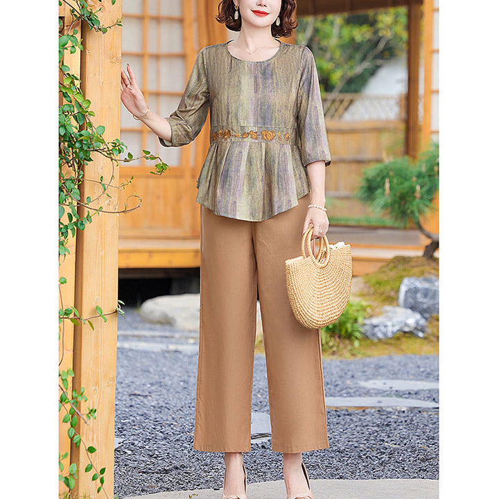 Buddha Stones 2Pcs Casual Half Sleeve Tee T-shirt Wide Leg Pants Set