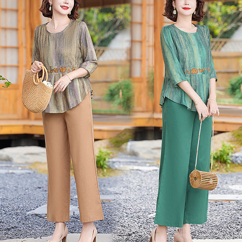 Buddha Stones 2Pcs Casual Half Sleeve Tee T-shirt Wide Leg Pants Set