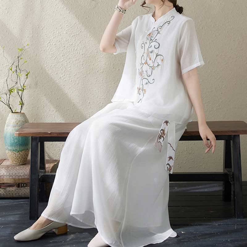 Buddha Stones 2Pcs Flower Embroidery Short Sleeve Tee T-shirt Wide Leg Pants Set - image 12