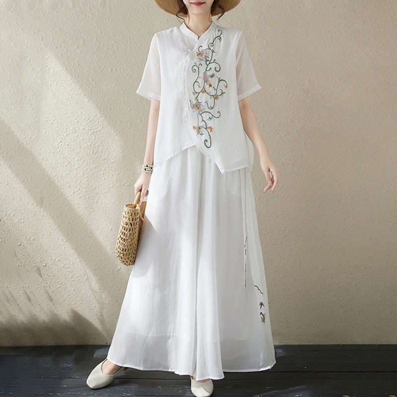 Buddha Stones 2Pcs Flower Embroidery Short Sleeve Tee T-shirt Wide Leg Pants Set - image 11