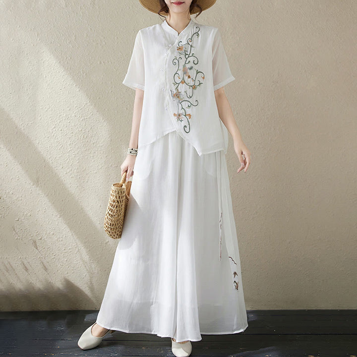 Buddha Stones 2Pcs Flower Embroidery Short Sleeve Tee T-shirt Wide Leg Pants Set - image 11