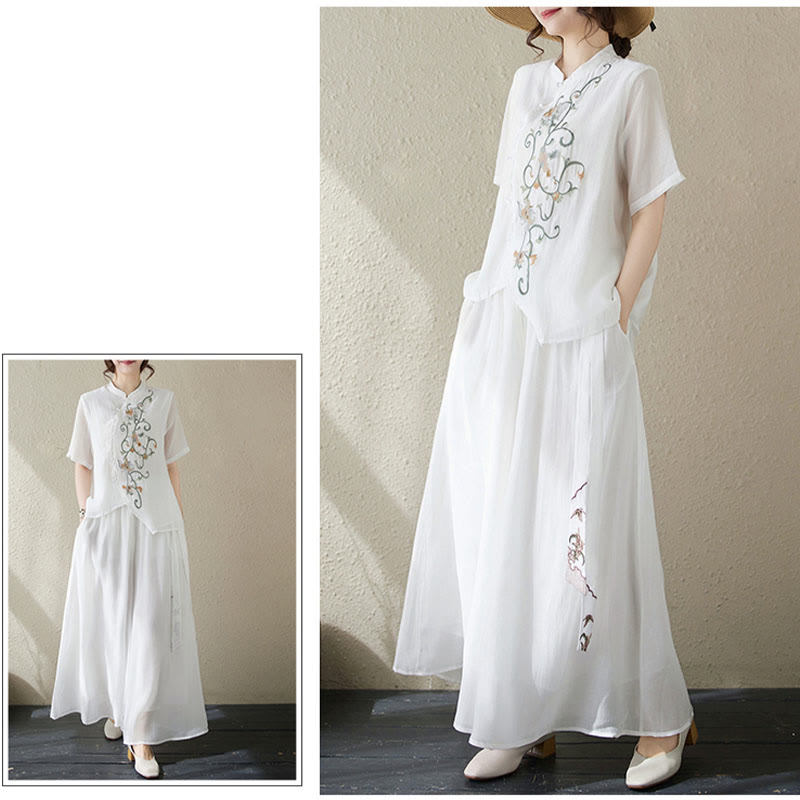 Buddha Stones 2Pcs Flower Embroidery Short Sleeve Tee T-shirt Wide Leg Pants Set