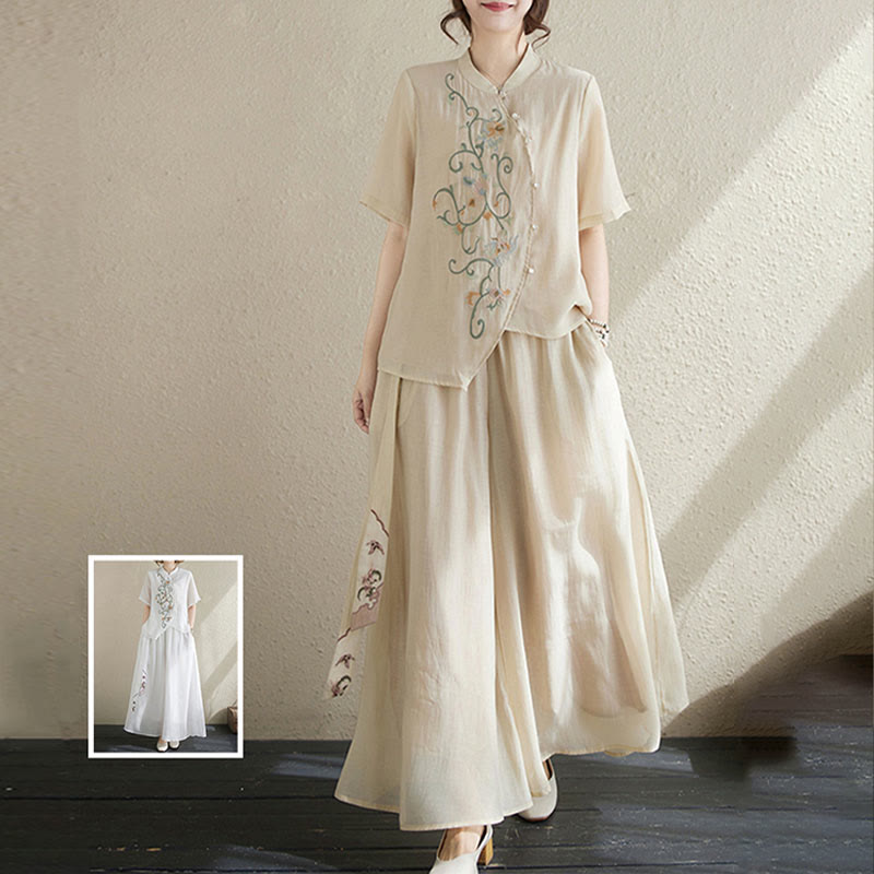 Buddha Stones 2Pcs Flower Embroidery Short Sleeve Tee T-shirt Wide Leg Pants Set - image 8