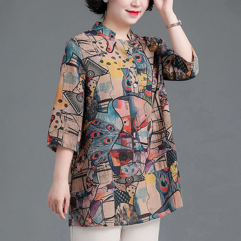 Buddha Stones Flowers Abstract Patterns Button Design Linen Shirt