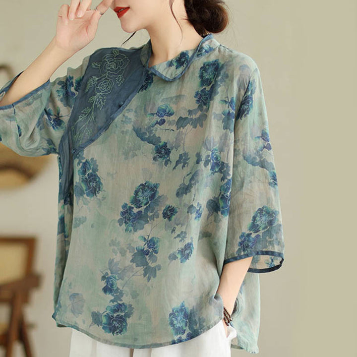 Buddha Stones PLUS SIZE Blue Jacaranda Flower Design Three Quarter Sleeve Shirt - image 2