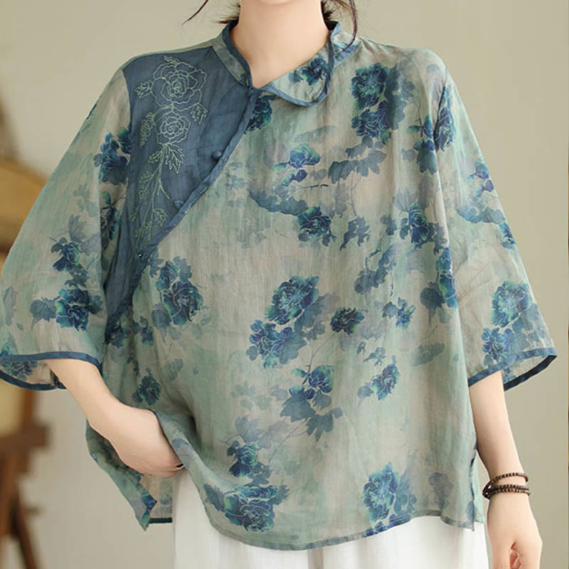 Buddha Stones PLUS SIZE Blue Jacaranda Flower Design Three Quarter Sleeve Shirt - image 3