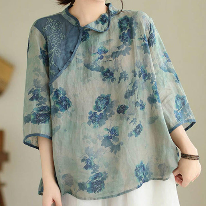 Buddha Stones PLUS SIZE Blue Jacaranda Flower Design Three Quarter Sleeve Shirt - US16，UK/AU20，EU48 (3XL) - image 0