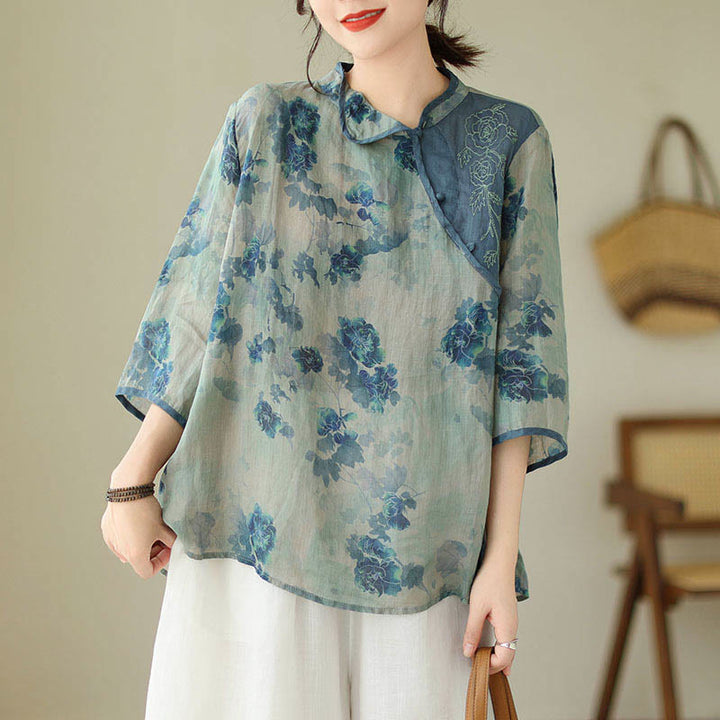 Buddha Stones PLUS SIZE Blue Jacaranda Flower Design Three Quarter Sleeve Ramie Linen Shirt - image 9