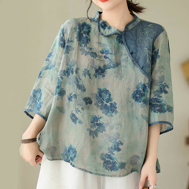 Buddha Stones PLUS SIZE Blue Jacaranda Flower Design Three Quarter Sleeve Ramie Linen Shirt - image 8
