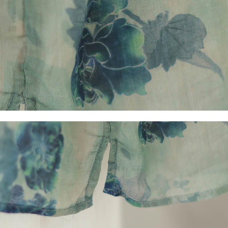 Buddha Stones PLUS SIZE Blue Jacaranda Flower Design Three Quarter Sleeve Ramie Linen Shirt - image 12
