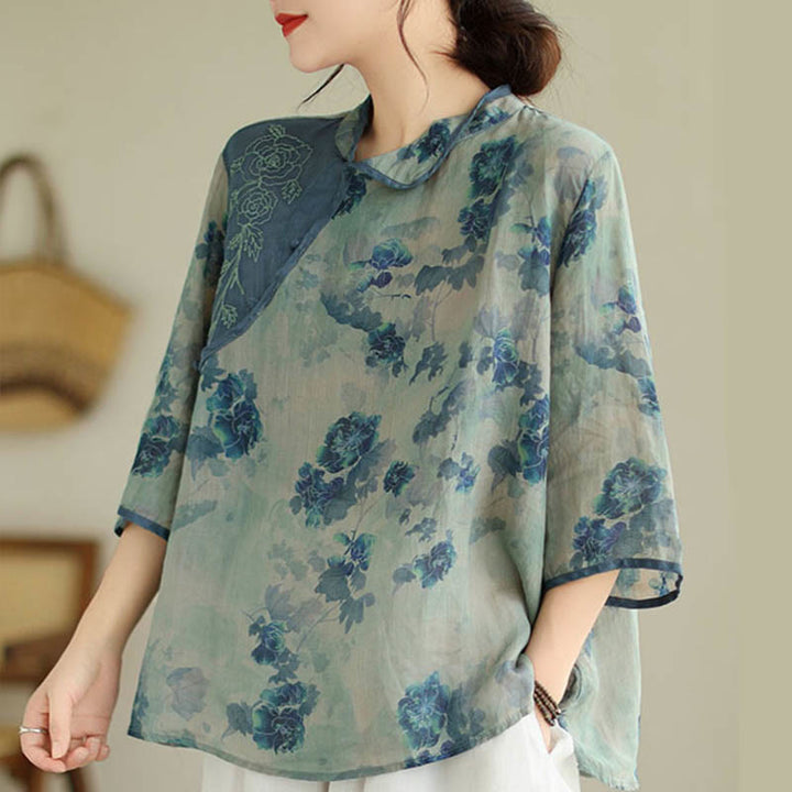 Buddha Stones PLUS SIZE Blue Jacaranda Flower Design Three Quarter Sleeve Shirt - image 4
