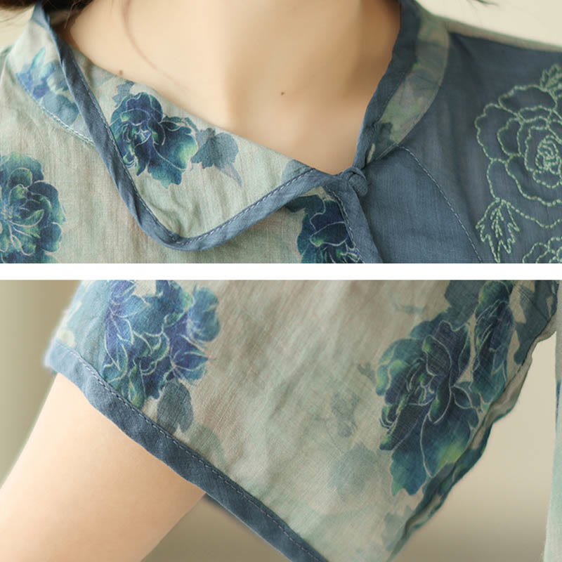Buddha Stones PLUS SIZE Blue Jacaranda Flower Design Three Quarter Sleeve Ramie Linen Shirt - image 11