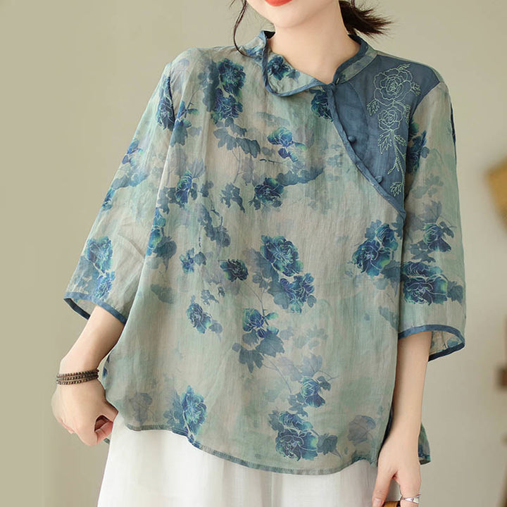 Buddha Stones PLUS SIZE Blue Jacaranda Flower Design Three Quarter Sleeve Shirt - image 6