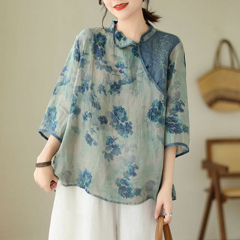 Buddha Stones Blue Jacaranda Flower Design Three Quarter Sleeve Ramie Linen Shirt