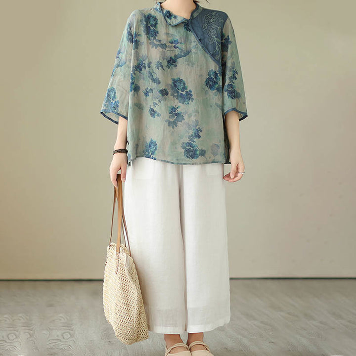 Buddha Stones PLUS SIZE Blue Jacaranda Flower Design Three Quarter Sleeve Shirt - image 12