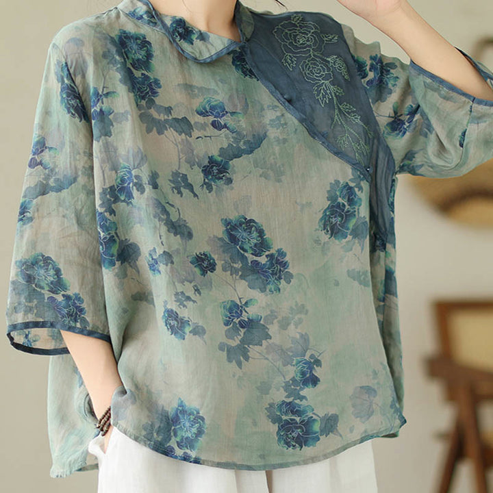 Buddha Stones Blue Jacaranda Flower Design Three Quarter Sleeve Ramie Linen Shirt