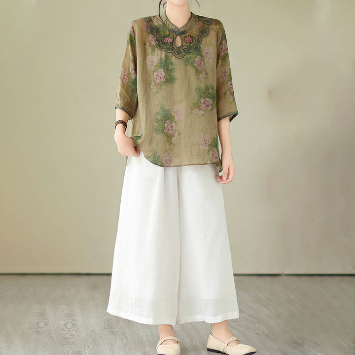 Buddha Stones Light Green Rose Flower Embroidery Design Three Quarter Sleeve Ramie Linen Shirt